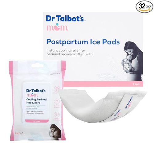 Postpartum Essentials Bundle of Dr. Talbot's Mom Postpartum Perineal Pad Liners, Instant Cooling Witch Hazel - 24 Liners + Dr. Talbot's Mom Postpartum Ice Pads for Pain Relief, 8-Pack