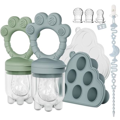 2 Pack Baby Fruit Food Feeder + Breastmilk Popsicle Molds,Baby Teethers,BPA Free,3 Sizes,2mm Fine Holes to Prevent Choking,Perfect for Teething Relief & Infant Solid Food Introduction,3 M+(Ether/Sage)