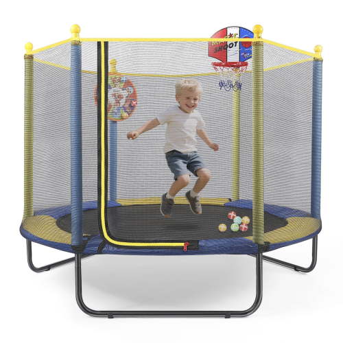 Fenbeli 60'' Kids Trampoline with Safety Net, Basketball Hoop & Dartboard, Indoor Outdoor Toddler Trampoline for Ages 1-8
