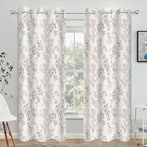 Pink Floral Blackout Curtains for Bedroom Living Room, Vintage Rose Flower Botanical Window Curtains, Soft Polyester Darkening Drapes with Grommets, 2 Panels Set 52x84 Inch