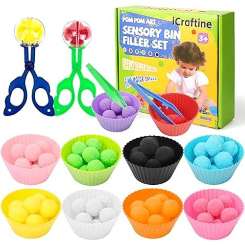 114 PCS Fine Motor Skills Sensory Bin Filler Includes 10 Sorting Bowls, 100 Pom Poms, 2 Tweezers, 2 Scooper Scissors for Kids Early Education, Counting Sorting Training Development