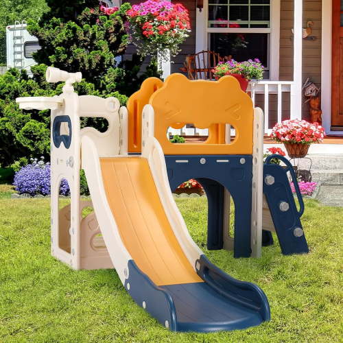 LAZY BUDDY 8 in 1 Slide for Toddlers, Kids Climber Slide Playset for Indoor Outdoor with Basketball Hoop, Storage and Telescope