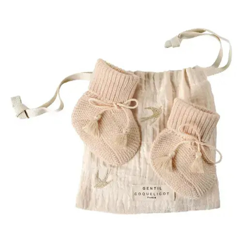 Gentil Coquelicot - Knitted Booties and Embroidered Pouch - Nude | Smallable