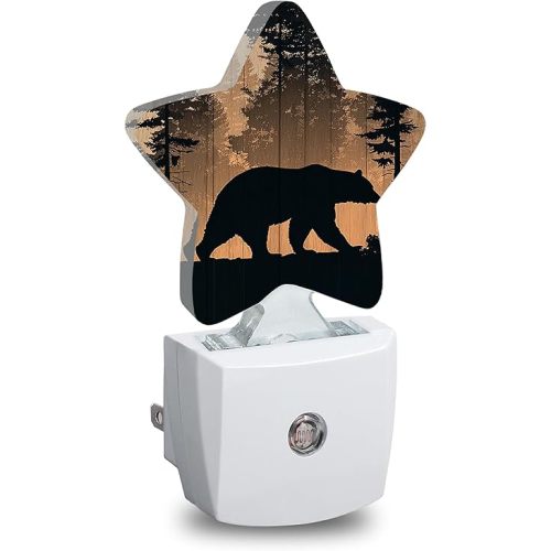 Rustic Woodland Bear Plug in Star Night Light, Night Light with Sensor for Kids Nursery Bedroom, Decorative Soft Glow Lamp for Hallway Bathroom, Energy Saving