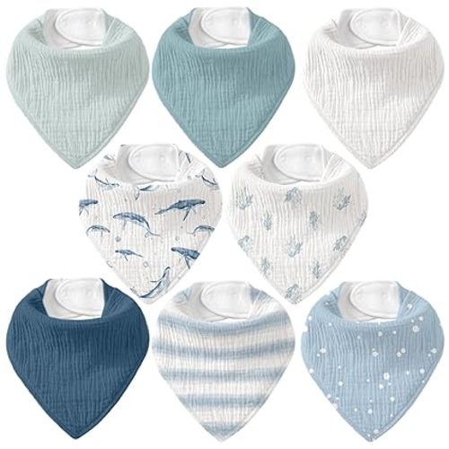 8 Pack Muslin Baby Bandana Bibs for Drooling and Teething | Absorbent Cotton Drool Bib for Baby Boy Girl, Easy Adjustable Bibs for Newborn Infants Toddlers, 0-36 Months, Blue Whale