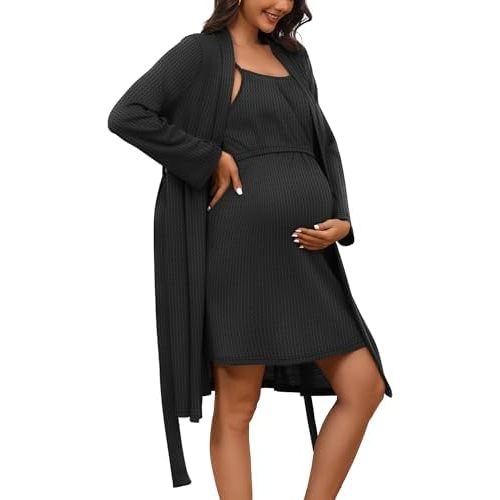 Riyiper Women's Maternity Nursing Waffle Gown Dress and Robe Set Breastfeeding Nightgown 3 in 1 Labor Delivery Hospital Gowns