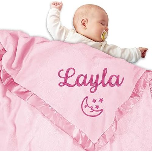 Personalized Baby Blanket with Name, Custom Flannel Swaddle Blankets, Customized Embroidered Receiving Blanket for Girls, Baby Shower Birthday for Newborn - Pink(36" x 36")