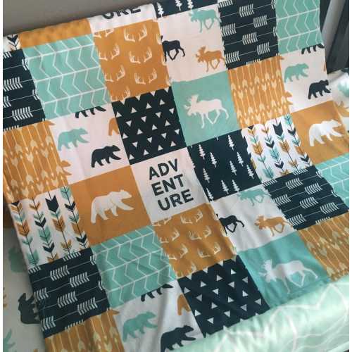 Gender Neutral Crib Bedding Set, Adventure Baby Bedding, Yellow, teal, mint, Woodland Nursery, Bear, Moose, Deer, Baby Shower Gift
