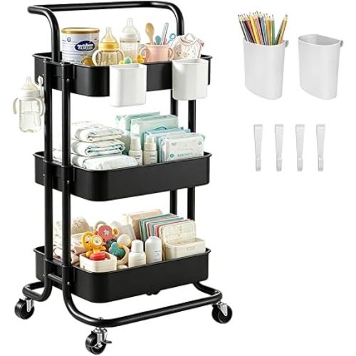 3-Tier Rolling Utility Cart, Carbon Steel Rack with Hooks & Bins