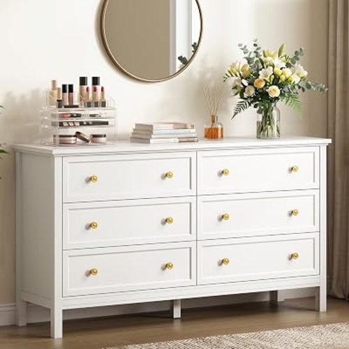 White Dresser for Bedroom, 55" Modern Dresser with 6 Drawers Gold Handles