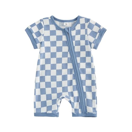 Newborn Baby Boy Girl Clothes Checkered Plaid Waffle Knit Zipper Romper Jumpsuit One Piece Bodysuit Summer Outfit