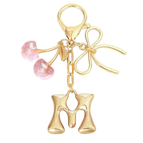 Snycler Bubble Initial Keychain with Bow & Cherry - Gold Letter Bag Charms for Women, Cute Purse Handbag Accessories
