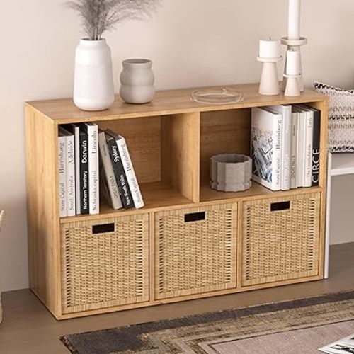 Wooden 5 Cube Storage Organizer with Closed Back Panel,White Cube Shelf Cubby Storage Organizer with Compartments for Living,Bookshelf, Easy to Install (Oak, 5 Cube-11in)