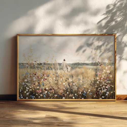 Jesus and Little Girl Walking in Flower Field Fall Season Rolled Posters, Christian Wall Art, Farmhouse Décor, Religious Home Décor, Autumn