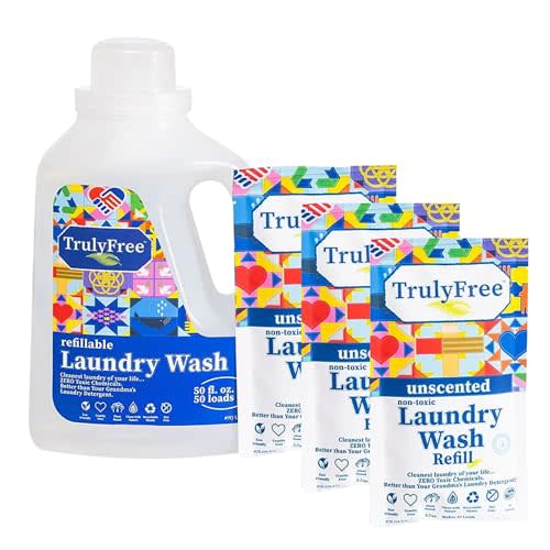 Truly Free Laundry Wash Detergent for Sensitive Skin, Gentle & Safe for Baby Clothes | Plant-Based, Natural Ingredients | Unscented | Include 1 Refillable Bottle (150 Loads)