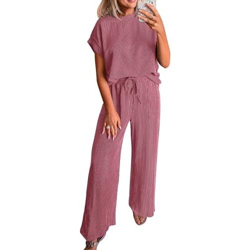 KIRUNDO 2 Piece Sets for Women Dressy Casual Ribbed Knit Short Sleeve Tops Wide Leg Pants Lounge Set Travel Airport Outfits