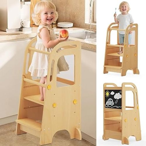 Toddler Tower with Chalkboard, Toddler Kitchen Stool Helper with Support Feet, Wooden Kids Kitchen Step Stool, Step Stool for Toddlers with Anti-Slip Protection Design (Natural)