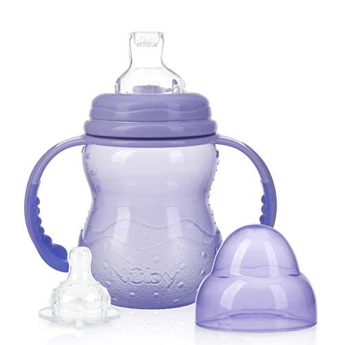 Nuby 3-Stage Wide Neck No Spill Bottle with Handles and Non-Drip Juice Spout, 3 Months, 8 Ounce, Purple