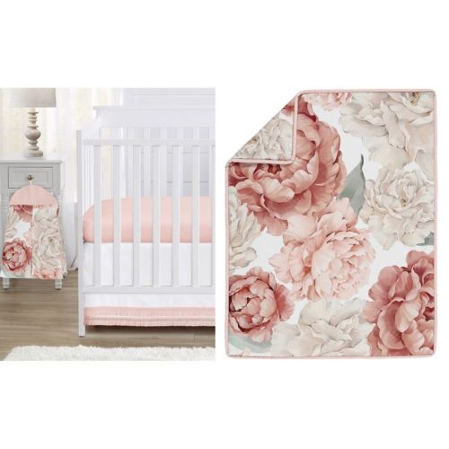 Sweet Jojo Designs Girl Baby Crib Bedding Set - Pink and Ivory Peony Floral Garden Collection 4pc