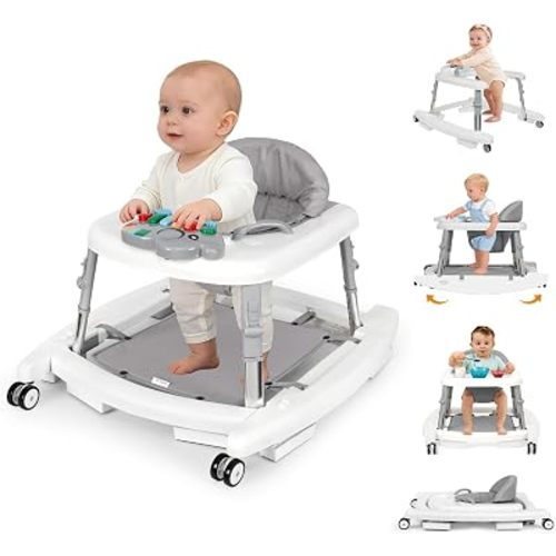 5-in-1 Baby Walker for Boys and Girls Music and Lights 6-18 Month, Foldable Baby Walkers with 5 Adjustable Heights, Infant Toddler Walker with Wheels and Combo Portable (White)