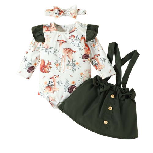 Zwiiyzr 0-18M Newborn Baby Girls Fall Winter Outfits Cute Ruffle Long Sleeve Ribbed Romper Top Bow Suspender Skirt with Headband Three Piece Baby Clothes Olive Green