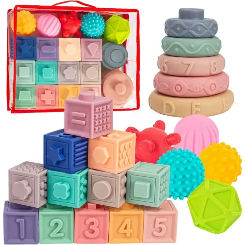 SpringFlower 3 in 1 Montessori Toys for Babies 0-3-6-12 Months, Soft Baby Teething, Stacking Building Blocks for Infants, Sensory Developmental Education Toys for Toddler Baby 12-18 Months,22 PCS