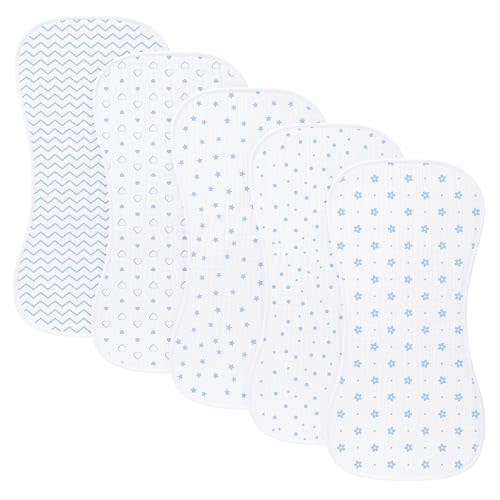 sleepyturtle 5 Pack Baby Burp Cloths, Unisex Newborn Burping Cloths, Soft and Absorbent Muslin Cotton, Large Size for Newborn, (Blue-bw)