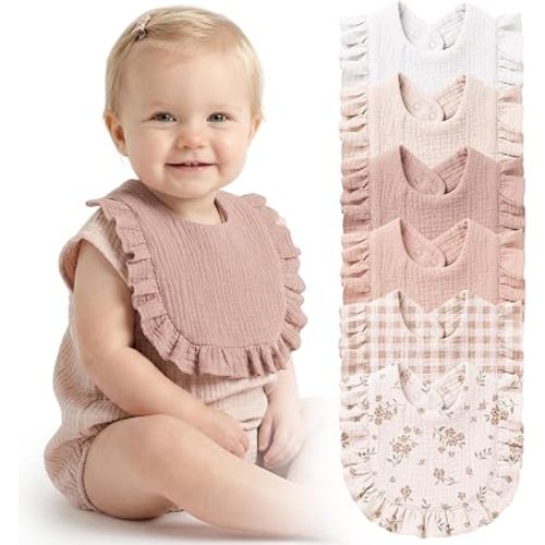 Konssy 6-Pack Muslin Baby Bibs for Girls, Soft 100% Cotton Drool Bibs with Ruffle Trim, Adjustable Infant Feeding Bibs