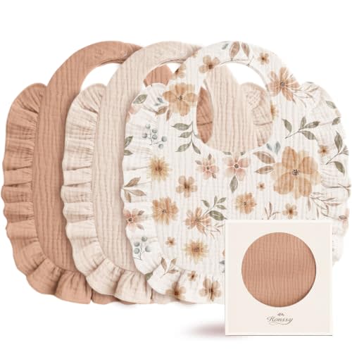 Konssy 3-Pack Muslin Baby Girl Bibs, 100% Cotton with Ruffle Trim | Ultra Soft & Absorbent, Baby Essentials for Drooling and Teething, for Newborn, Infant & Toddler 0-36 Months