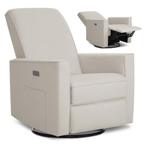 Evolur Harlow Upholstered Power Glider Recliner with USB Charging – Rocking & 275° Swivel with Smooth Glide – Greenguard Gold & FSC Certified – Modern Nursery and Living Room Chair in Tan