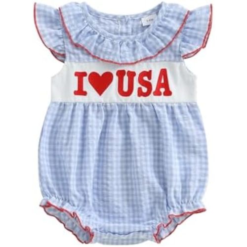 SAYOO 4th of july Baby Girl Outfit Fourth of July USA Flag Embroidery Smocked Romper Independence Day Bodysuits with Big Bow