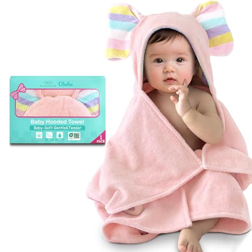 VOOVA & MOVAS Premium Pink Baby Hooded Bath Towel-100% Cotton,500GSM,33x31.5 Inches,0-2Years,Super Absorbent Large Towel with Cute Elephant Ears Hood for Newborn,Baby,Infant, Baby Essentials,Pink