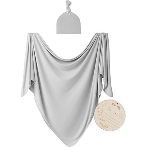 Kloovete Large Jersey Knitted Swaddle Blanket for Baby, Soft Stretchy Receiving Blanket for Newborns with Hat, Baby Nursery Swaddle 47 x 47 inches(Gray)