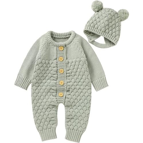 Newborn Baby Boy Girl Winter Clothes Knitted Sweater Romper Crewneck Solid Color Jumpsuit Hat Infant Fall Outfit