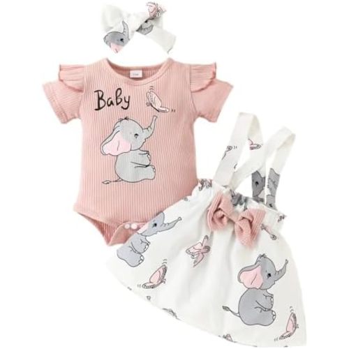 Newborn Baby Girl Summer Clothes Elephant Ruffle Short Sleeve Bubble Romper Suspender Skirt Set Headband