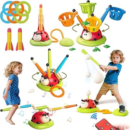 5 in 1 Musical Jump, Bean Bag Toss Ring Game, Baseball Toys and Stomping Launch Rocket Launcher for Kids Remote Control Indoor Outdoor Sports Toys for Kids Ages 4-8 3-5 Birthday Easter Gifts
