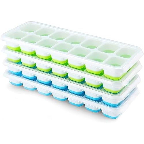 Ice Cube Trays 4 Pack, Airabc Silicone with Removable Lid, Easy-Release Flexible 14-cube Trays, LFGB Certified and BPA Free, Stackable Covers for Cocktail, Freezer