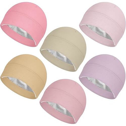 6 Pcs Satin Lined Baby Newborn Hats Silk Beanie for Toddler Infant 0-6 Months Pink Beige Purple Pale Sage Mixcolor