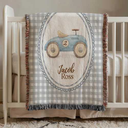 Personalized Vintage Car Baby Blanket, Vintage Race Car Nursery Throw, Custom Name Blanket, Toddler Blanket Baby Shower Gift race baby gift