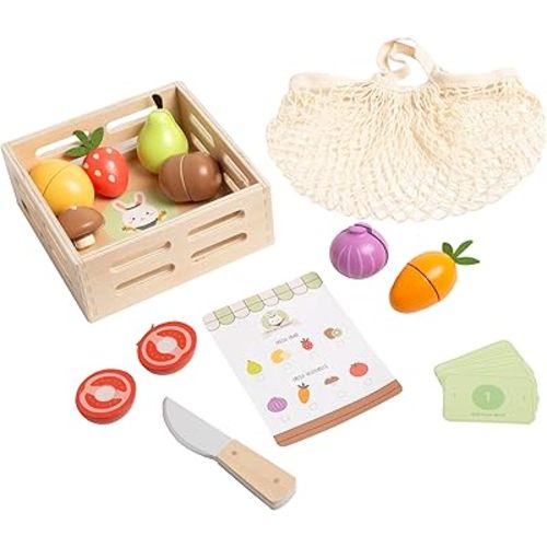 Pearhead Wooden Play Food Set – 21-Piece Pretend Kitchen Toy, Cutting Fruits & Veggies, FSC-Certified, Farmers Market with Play Money, Mesh Bag & Storage Crate, Boys and Girls, 2 3 4 Year Old