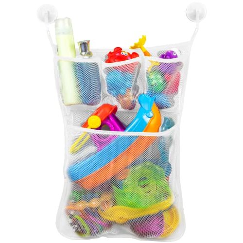 S&T INC. Bath Toy Storage Net with Pockets for Tub, Shower Caddy Holds Baby and Kids Toys, Soap, or Shampoo, Hooks Included, 14 Inch by 20 Inch, White, 1 Pack