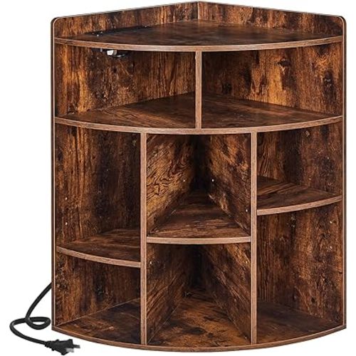 VECELO Corner Cube Shelf with USB Ports & Outlets, Modern Corner Toy Storage Rack with Adjustable Shlef, Wooden Display Bookshelf Bookcase for Living Room, Bedroom, Dining Room, Kitchen, Brown