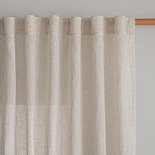 MYSKY HOME Linen Natural Farmhouse Kitchen Curtains 54 inches Long, Boho Curtain Panels Country Style Semi Sheer Window Panels for Home Decor, Light Filtering Privacy Drapes, 50" Wide, Pack-2