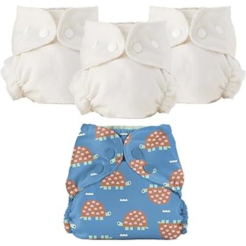Esembly Cloth Diaper Bundle Set - 3 Organic Cotton Absorbent Inners and 1 Waterproof Outer Diaper Cover - Reusable, Washable, Snap Closure Cloth Diapers - Size 2 (18-35lbs), Turtles