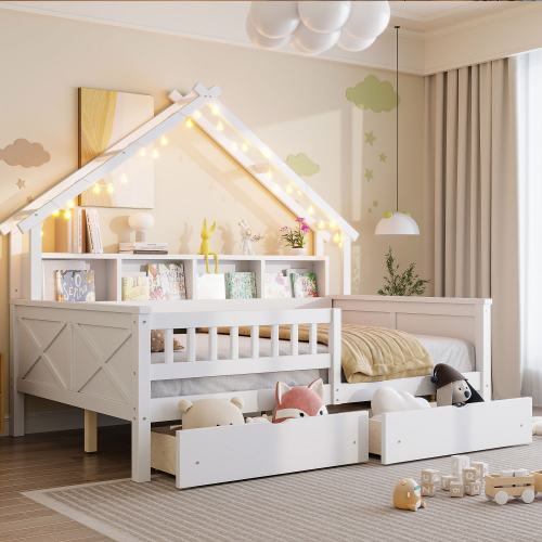 Full Size House Bed with Two Drawers, Kids Wood Bed Platform Beds with LED, Storage Shelves and Guardrail for Girls, Boys