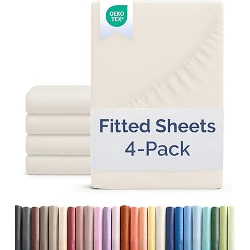 Full Size Fitted Bed Sheet - Pack of 4 Single Fitted Bottom Sheet Only - Fits Mattress Up to 16" Deep Pockets - Extra Soft, Breathable & Cooling - Hotel Quality, Shrink and Wrinkle Free - Off White