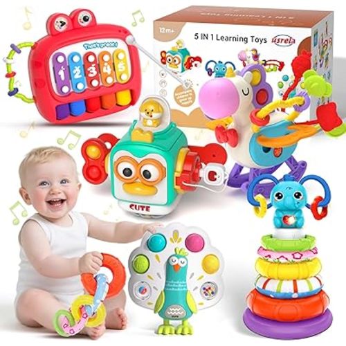 usrela 5 in 1 Baby Toys for 12 18 Month, Learning Toy for Babies 12-18 Months, Baby Busy Cube, Stacking&Sensory, Pull String&Piano Xylophone Toy, Birthday Gift for 12+ Month