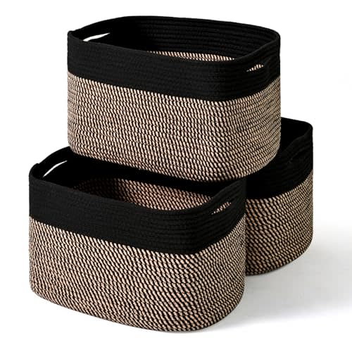 ICERZCZ Storage Baskets for Organizing Shelves, Toy Basket for Kid's Room, Woven Cotton Rope Basket for Decor, Organizing Baskets for Bedroom Living Room, 15"x11"x9.5", 3 Packs, Black & Jute