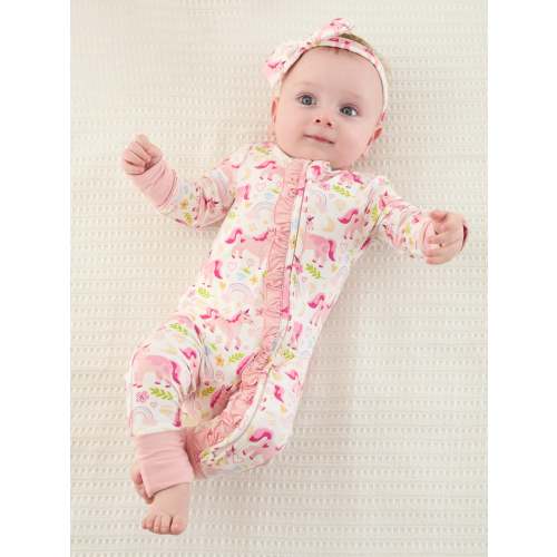 Bamboo Baby Boy/Girl Animal Printed 2-Way Zipper Anti Slip Long-sleeve Footie with/without Hairband Pink
