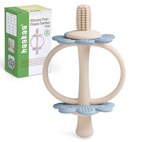 Haakaa Silicone Baby Teether Toys for 3M+ Babies, Easy to Grip, Sky Blue | Nipple-Shaped End for Gum Massage, 360 Baby Toothbrush Head for Self-Brushing Training